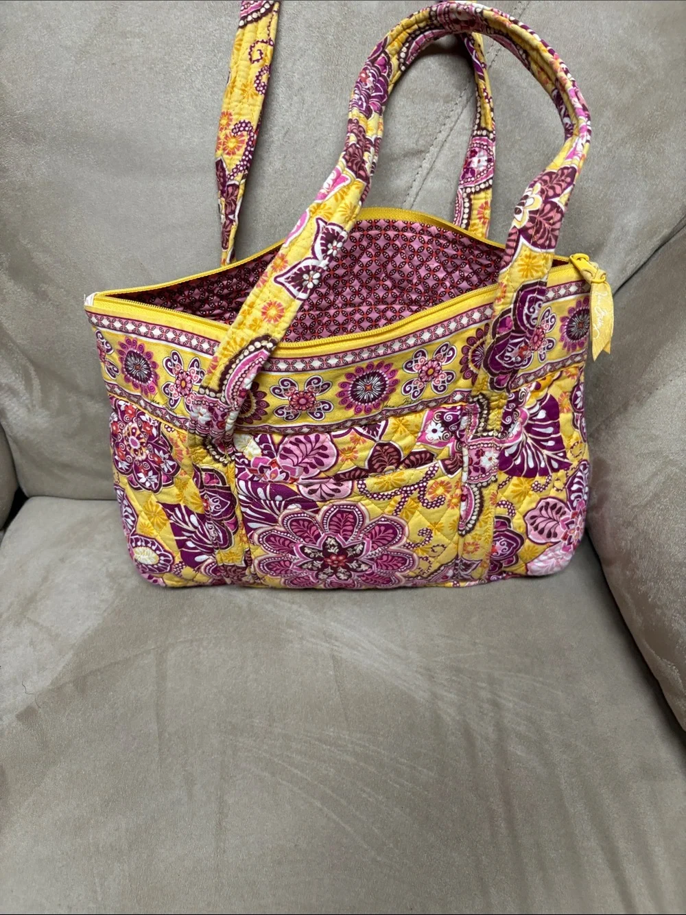 Vera Bradley Yellow and Pink Quilted Floral Tote 10 x14 - Picture 1 of 4